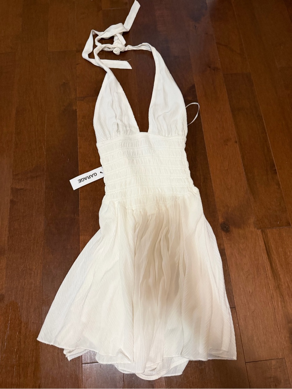 Garage White Halter Smocked Waist Mini Dress